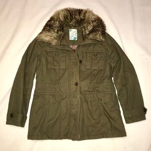 Nordstrom Green Military Style Coat w/ Fur Collar